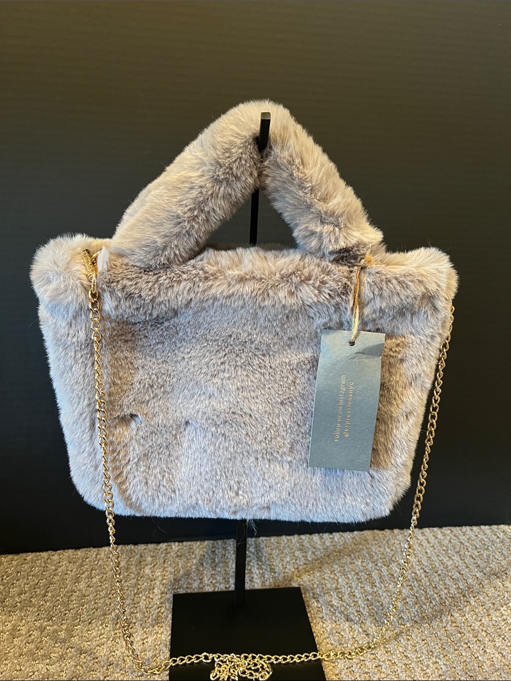 Expressions Faux Fur Shoulder Bag with Gold Chain - Light Gray